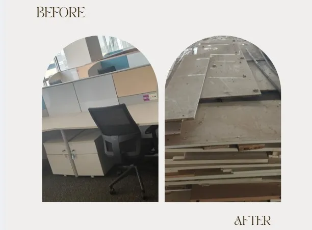 Before and after comparison of an office dismantling service in Whitefield Bengaluru, showcasing a fully fitted modular workstation layout transitioned into neatly stacked partition panels